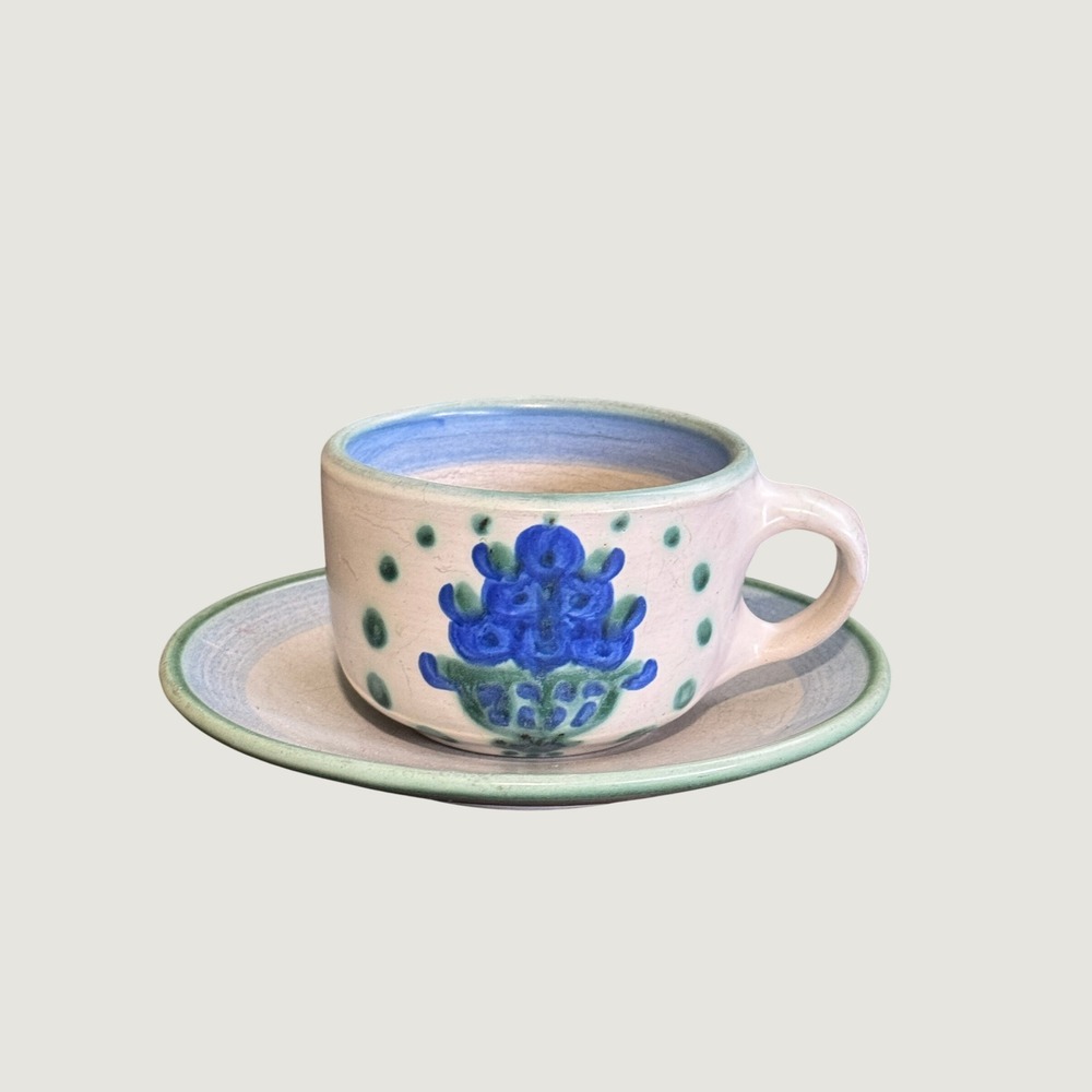 MA Hadley Pottery Blueberryt Floral Basket Cup and Saucer Set Vintage Stoneware